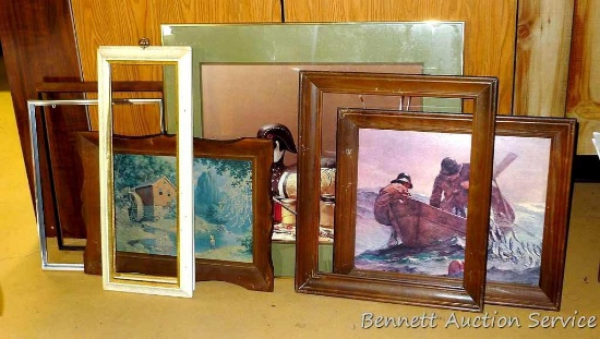 Large 32" x 28" framed print in gold toned frame; four empty frames, plus two other prints.
