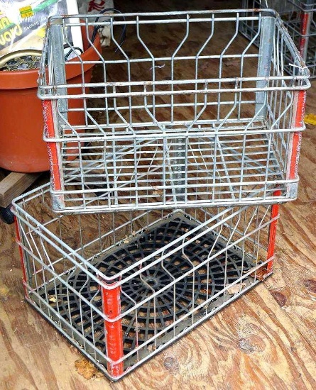 One all wire and one wire and plastic milk crate. Each measures approx. 18" x 12" x 12". All wire