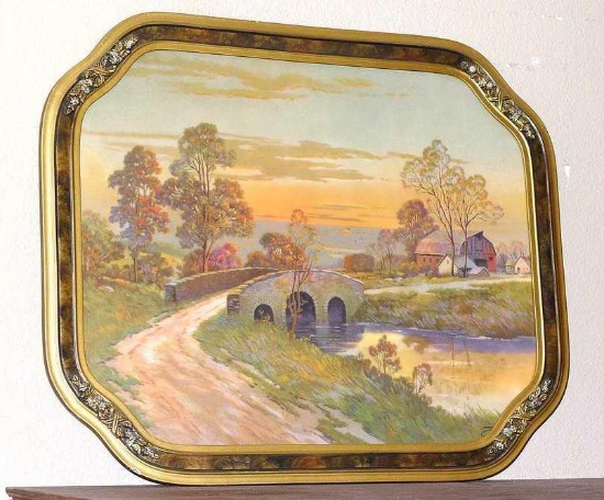 Antique farm scene print in nice frame. Frame measures approx. 23" x 19" and has minor chips.
