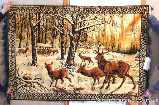 Elk tapestry is approx. 6' x 4' and is in good condition.