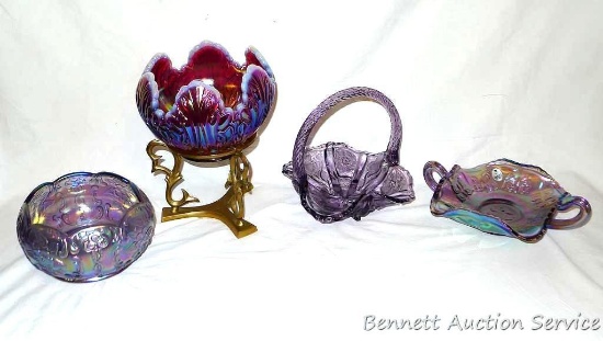 Four Fenton pieces including iridescent purple bowl, 6" x 3"; double handled server is 8-1/2" x 6" x