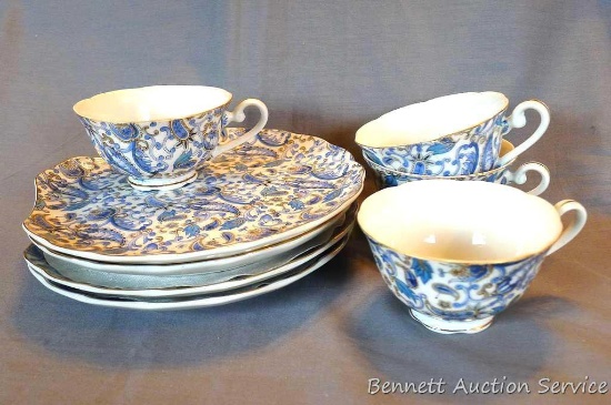 Lefton Blue Paisley snack plate and cup set includes four plates and four cups. Plates are marked