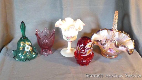 Fenton pieces include hand painted basket with ribbon candy edge is approx. 8-1/2" tall; red hand