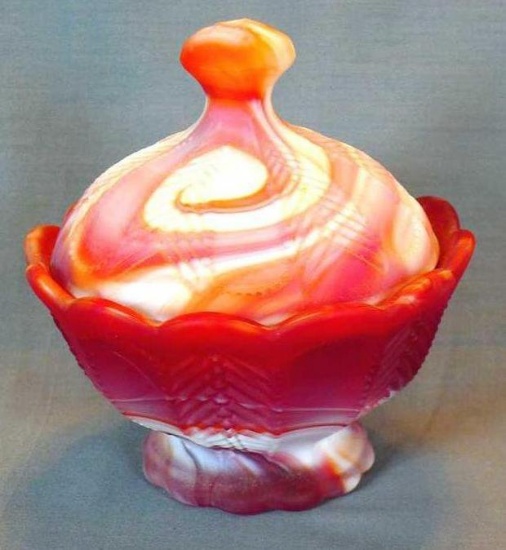 Imperial Glass red slag glass Herringbone box with cover, #1560. Good condition with no cracks or