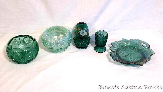 Fenton pieces include iridescent leaf plate, 8-1/2"; hand painted two piece votive holder, 4-1/2";