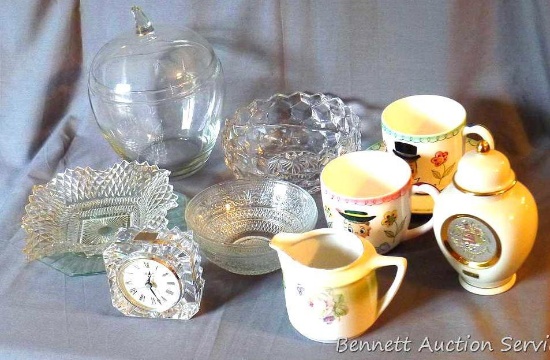 Clear glass apple canister; Mikasa clock; Lady and Gentleman cups (Gentleman cup comes with saucer);