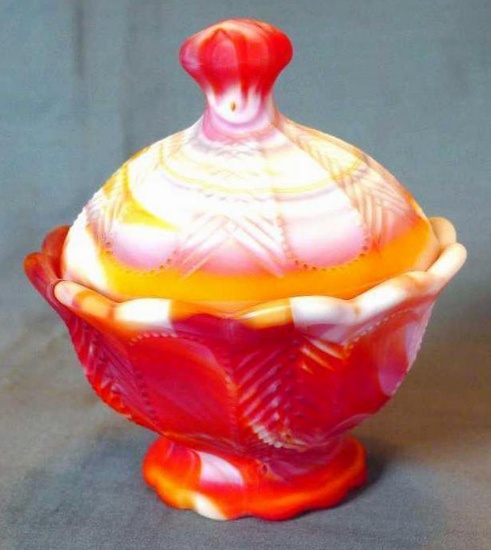 Imperial Glass red slag glass Herringbone box with cover, #1560. Good condition with no cracks or