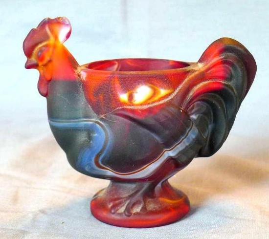 Imperial Glass red slag glass chicken votive holder stands 4-1/4" high. Factory flaw noted on comb.