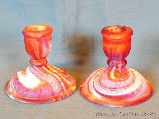 Imperial Glass red slag glass grape candle sticks No. 880 are 3-1/2" tall. Both are in good