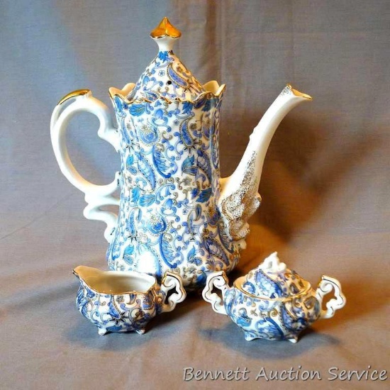 Lefton Blue Paisley coffee pot # NE1972. Pot is nice, lid has a chip the size of a BB. Also, Lefton