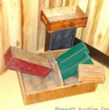 Wooden boxes and totes. Divided box with handle measures 18