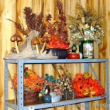 Nine autumn floral arrangements, plus some extra flowers, a wooden mushroom display and more