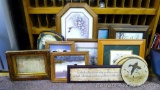 Framed wall hangings including prints and quotes, etc. Largest piece measures approx. 18