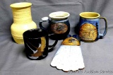 Pretty stoneware cups, vase and wall pocket. Blue cups have loon accents, as does wall pocket. Wall