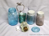 One quart blue Ball jar; purple tinted pint Ball jar with zinc lid; pint Mason's jar, patent Nov.