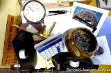 Office supplies including wire sorter, note cards, scratch pads, clock, tape dispenser, stapler,
