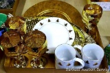 Gold toned glass goblets; Pair of Christmas plates and mugs; Large fish platter measures nearly 19