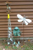 Metal yard decorations include butterfly stake, frog and trellis. Also resin rain gauge frog.