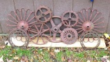 Collection of old metal gears and wheels would look great tacked together for a rustic display.