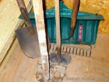 Mason's hoe, other hoe, dirt rake, dirt spade, snow shovel with loose handle