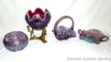 Four Fenton pieces including iridescent purple bowl, 6
