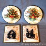 Two silhouette wall hangings, plus two floral wall hangings. Silhouettes measure approx. 4