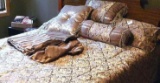 Bedding Set - Reversible Bedspread, Five Pillows and a Bed Skirt. Very good condition.