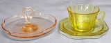 Yellow Depression glass cup and saucer is in good condition with no chips or cracks noted. Classic