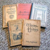 Five antique song books and hymnals including Revival Power, Winona Hymns 1906, Hallowed Hymns New
