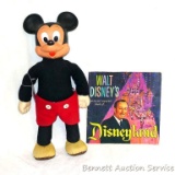 Vintage Mickey Mouse has a plush body and plastic head and hands; Walt Disney's Pictorial Souvenir