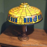 Old Style table lamp works and looks good. Shade and base have some chips. Stands approx. 15