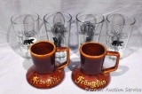 Frangelico cups; Two Black Bear Bar & Grill glasses and two Point beer glasses.
