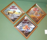 Miller High Life mirrors including Challenge, First Flush and Sly. Depict Bull Elk, Grouse, and Red