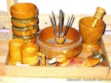 Vintage wooden nut bowl with cracker and picks; wooden mortar & pestle; cups; duck; more.