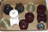 Seyler 255, LM and other ceramic insulators; two glass Hemingray 42 insulators; one multicolored