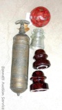 Pyrene No. U672760 fire extinguisher; three insulators and a glass ornament. Extinguisher is approx.