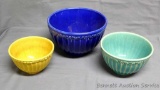 Vintage set of three mixing bowls. Blue bowl is the largest at 9