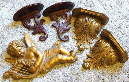Assortment of wall shelves and more. Cherub is approx. 14-1/2" long.