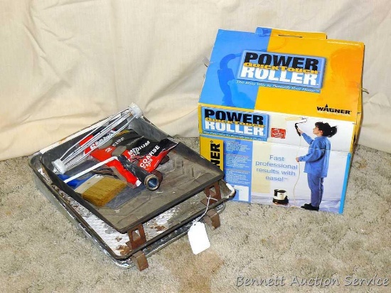 Wagner Power Quick Touch Roller, appears new; three paint roller pans; more.