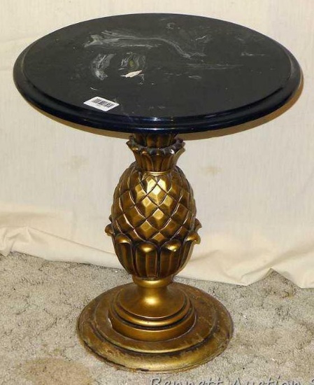 Unique pineapple pedestal table with marble top. Approx. 18" diameter x 20" h. Base has some chips