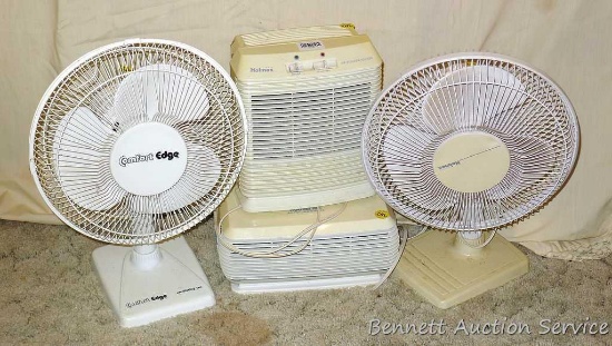 Comfort Edge 14" oscillating fan; Holmes 14" oscillating fan; two Holmes air purifier/ionizer, one