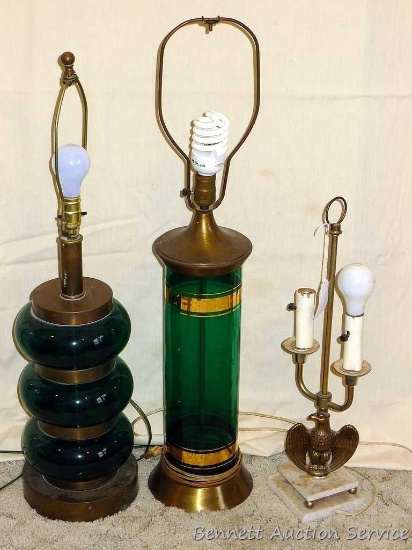 Two neat retro lamps with glass bases and another lamp with eagle motif. Tallest retro light with
