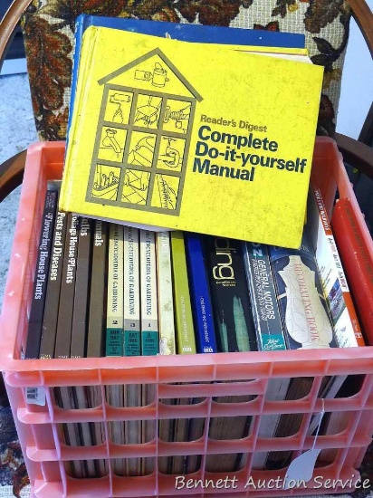 Crate filled with assorted books incl. Reader's Digest Complete Do-it-yourself manual, Welding,