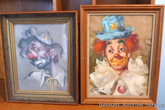 Lovely clown painting and Tearful Clown print. Clown painting is stamped "painted in Italy".