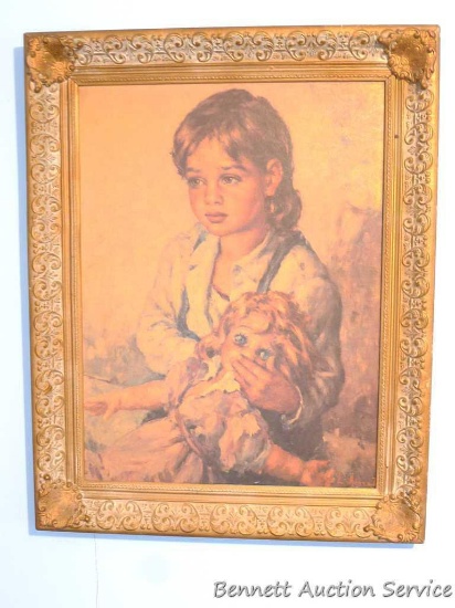 Beautiful vintage framed print of girl with her doll. Approx. 23" x 29". In good condition.