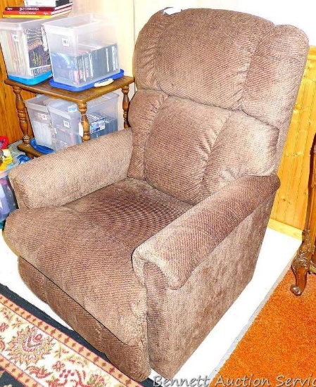La-Z-Boy brush upholstery rocker/recliner. Approx. 32" w x 41" h. In very nice condition.