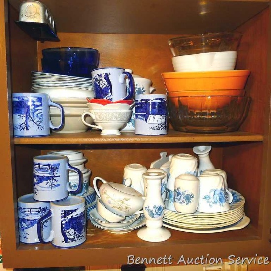 NO SHIPPING. Assorted plates, mugs, bowls and more. Includes a Pyrex 2 quart bowl.