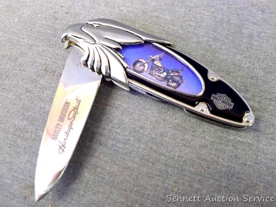 Harley Davidson Screaming Eagle pocket knife by Franklin Mint, as new. 4-5/8" closed. Includes soft