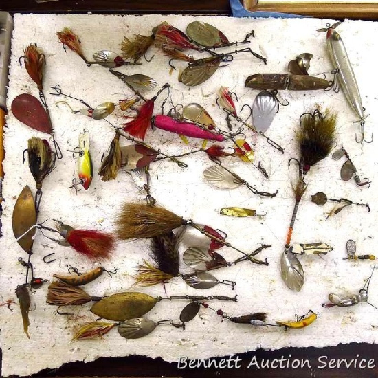 Impressive quantity of fishing lures including Heddon Ace Stanley, GM Skinner No. 9, Pflueger