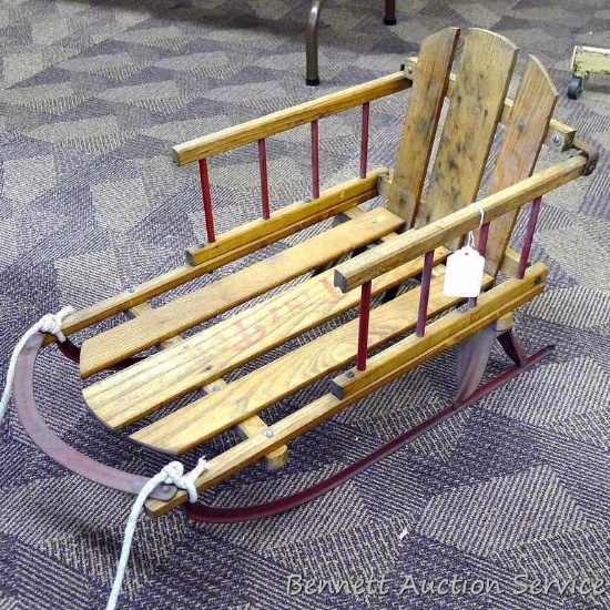 White ash Tiny Tots child's runner sled is 13" x 26" x 13" tall, is manufactured by Auto Wheel